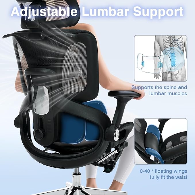 Ergonomic Mesh Office Chair with Footrest, High Back Desk Chair with 4D Armrests, 3-Zone Dynamic Lumbar Support, Ergonomic Office Chair with Wheels (Black)