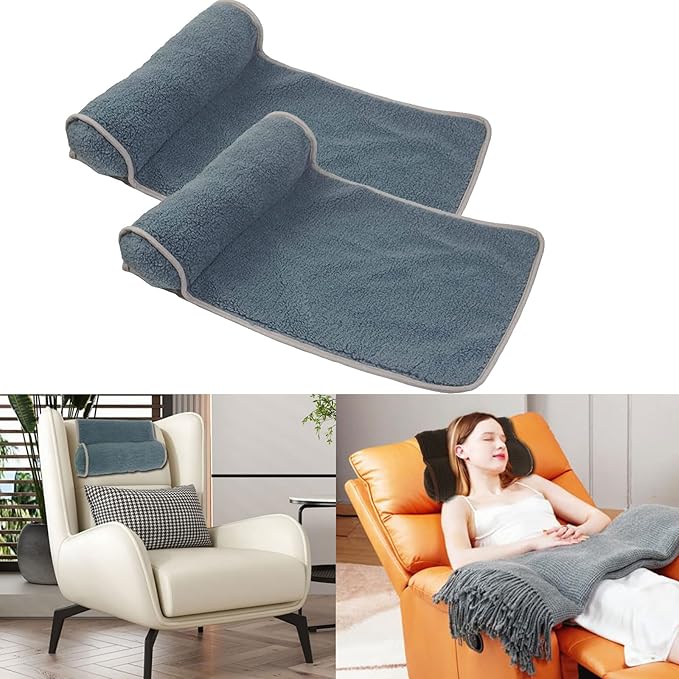 Neck Pillow for Recliner (22x14in) Adjustable Wool Neck Roll, Non-Slip Headrest Sofa Cushion Travel Pillow for Neck and Head Support. (2pcs-Blue)