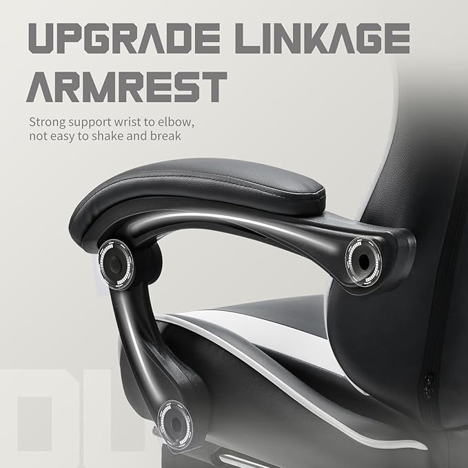 DUMOS Ergonomic Gaming Office Desk Chair with Footrest and Headrest, PU Leather Video Computer Chair with Linkage Armrests, Height Adjustable 360° Swivel Recling Chair, Black White
