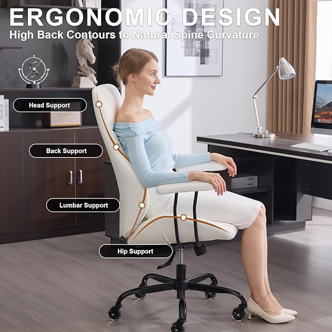 E-Motie Office Chair with Rubber Wheels, Ergonomic Computer Chair 500 lbs, Leather Desk Chair with Lumbar Support, Executive Chair Adjustable Height & Recline, White
