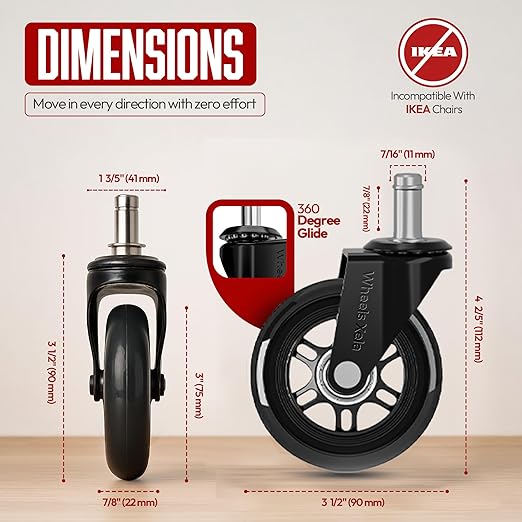 Wheels Xela Black Office Chair Wheels, Set of 5, 3 Inch Heavy-Duty Replacement Rubber Wheels for Desk & Gaming Chair are Easy to Install & Suitable for All Floor Types