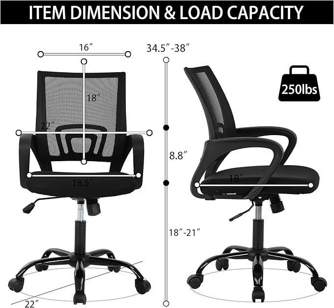 Ergonomic Computer Chair with Backrest – Breathable Mesh Office Chair, Adjustable Height & Rocking Mode, Heavy Duty 250lbs Weight Capacity, Metal Base, Black