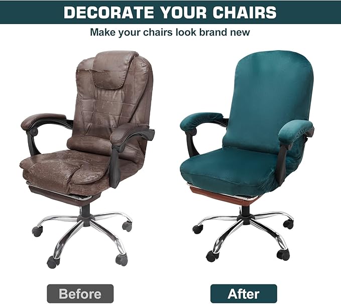 NeColorLife Velvet Office Chair Cover with Armrest Covers - Stretchable High Back Desk Computer Chair Slipcover for Large Rotating Boss Chairs (Large,Lake Blue)