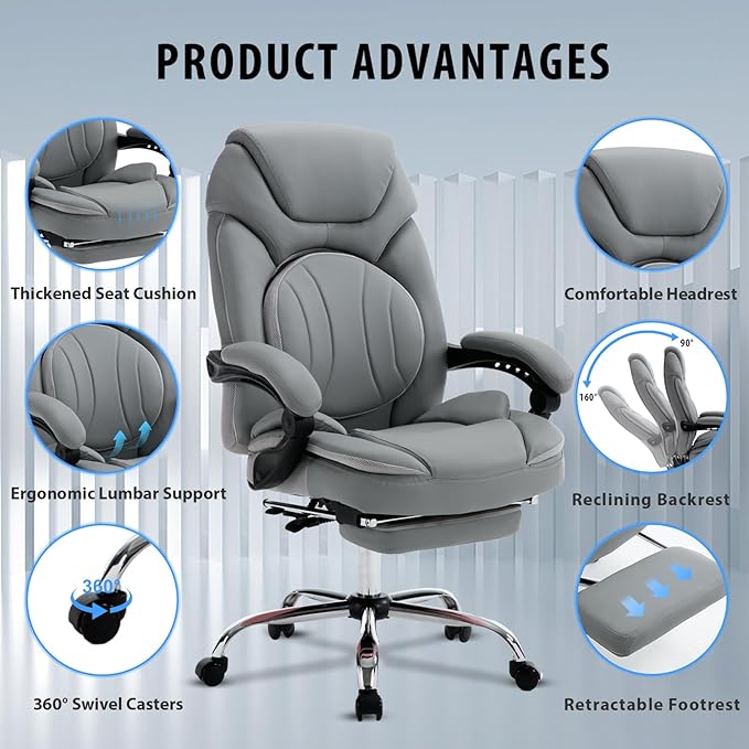 400lbs Ergonomic Reclining Office Desk Chairs with Footrest Back Support High Back Wide Seat Napping Recliner Executive Office Chairs PU Leather Big Tall Managerial Chairs (Grey)