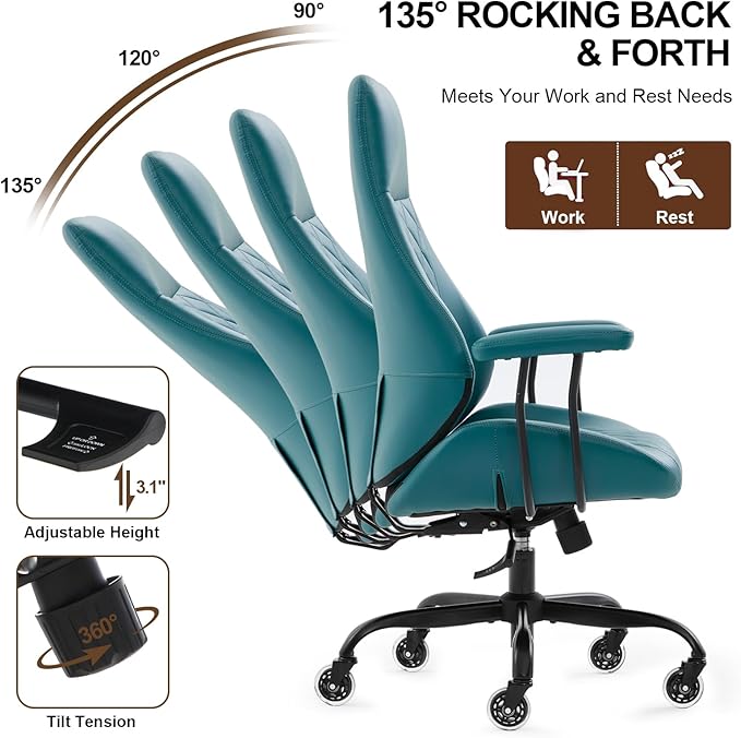 E-Motie Office Chair with Rubber Wheels, Ergonomic Computer Chair 500 lbs, Leather Desk Chair with Lumbar Support, Executive Chair Adjustable Height & Recline, Green