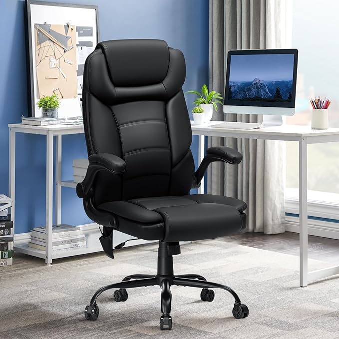 450lbs Executive Office Chair with Inflatable Lumbar Support, Heavy Duty Office Chair for Heavy People, Big and Tall Ergonomic Comfy Chair with Flip-Up Armrests, Breathable PU Leather (Black)