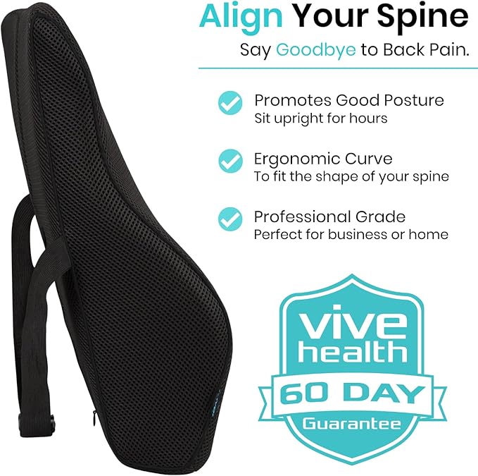Vive Full Lumbar Cushion - Memory Foam Contour Support for Lower Back Pain - Ergonomic Pressure Relief for Office Chair, Car - Large Mesh Orthopedic Seat Backrest Roll for Improving Posture (Black)