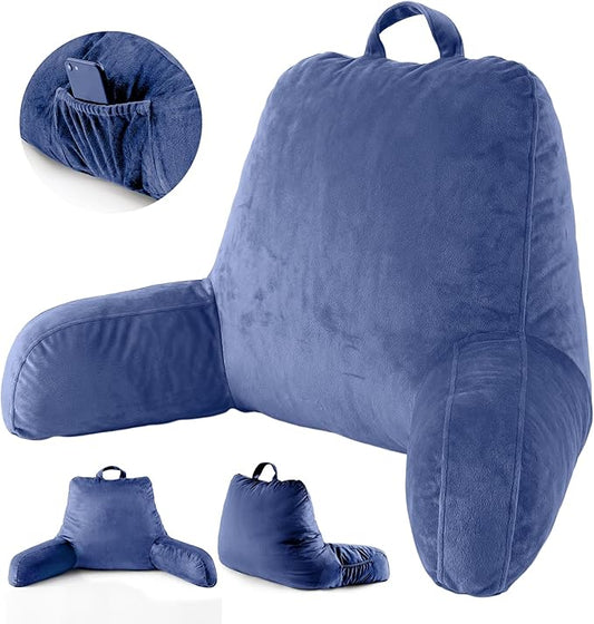 ACH Reading Pillow with Arms for Adults - Adjustable Memory Foam Bed Rest Pillow, Lumbar & Neck Back Support, Soft Velvet Cover Machine Washable, Deep Side Pocket & Carry Handle, Blue