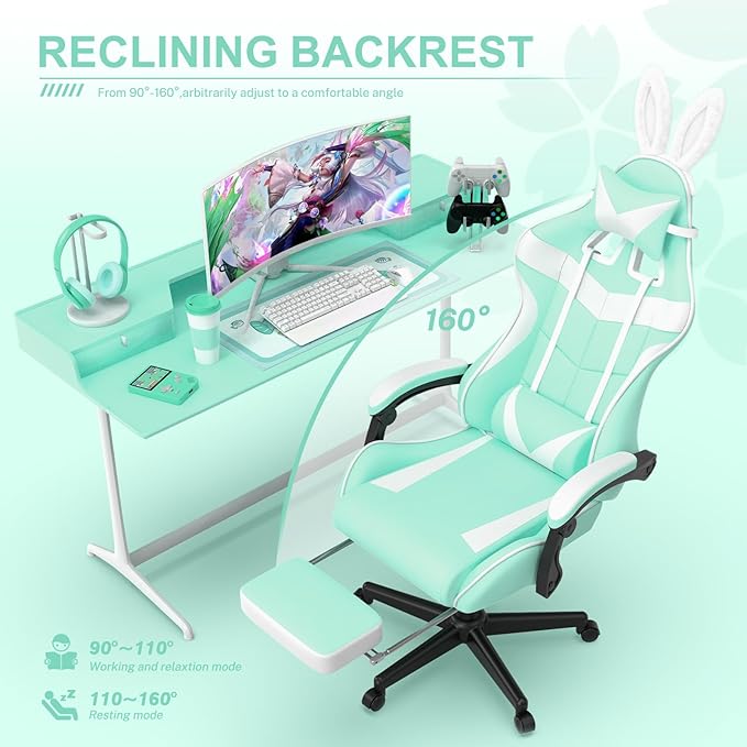 Soontrans Light Green Gaming Chair with Footrest,Lovely Cute Bunny Computer Gamer Chair,Kawaii Desk Chair for Granddaughter,Sister,Girlfriend,Wife and Love