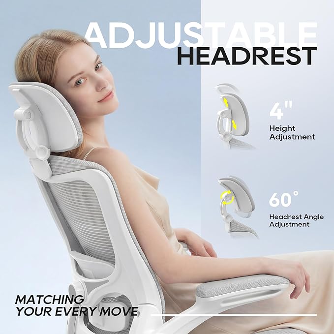 Office Chair, Ergonomic Mesh Desk Chair with Adjustable Lumbar Support and Headrest, Flip-up Armrests, High Back Computer Task Chair for Home and Executive Office (W-All Grey)