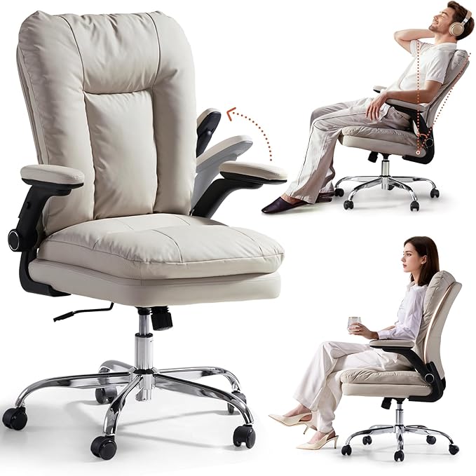 LEAGOO Ergonomic Office Chair with 3D Flip-Up Arms, Adjustable Height & Rocking Function, PU Leather Swivel Task Chair for Home Office, 300 lbs Capacity - Beige
