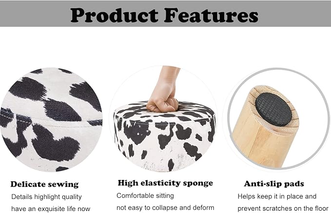 Homebeez Small Round Ottoman Foot Stool Rest with Non-Skid Legs (Black Cow)
