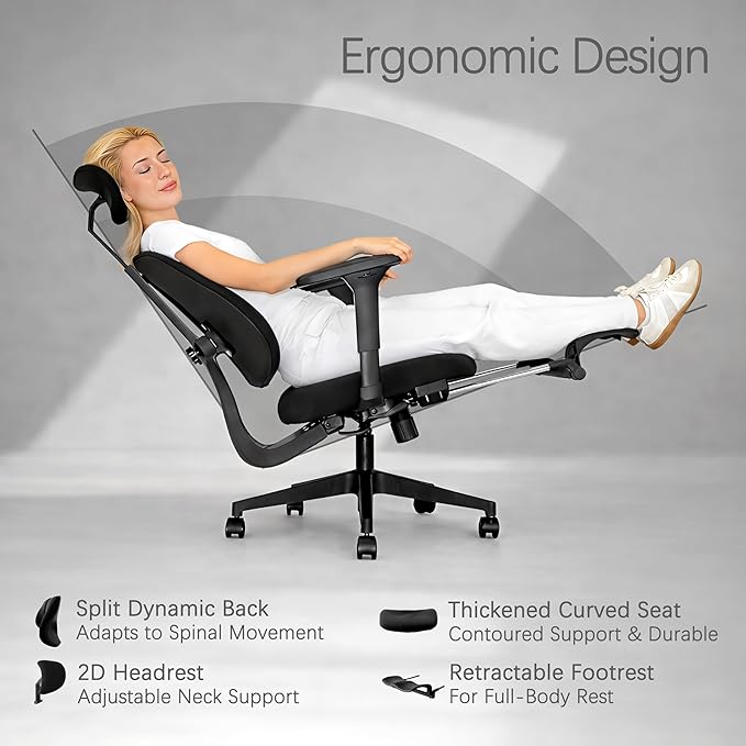 Flex Ergonomic Office Chair with Dynamic Split-Back Design, 3.15" Ultra-Thickened High-Density Molded Foam Seat, 4D Adjustable Armrests, High Back Computer Desk Chair with Footrest, Black