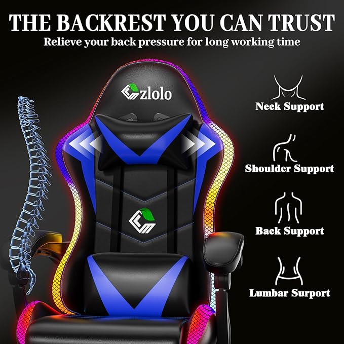 Czlolo Gaming Chair, Racing Style RGB LED Lights Gaming Chairs for Adults and Kids, Lumbar Massager Gamer Chair, High Back Reclining Computer Chair with Footrest and Headrest (Black/Blue)