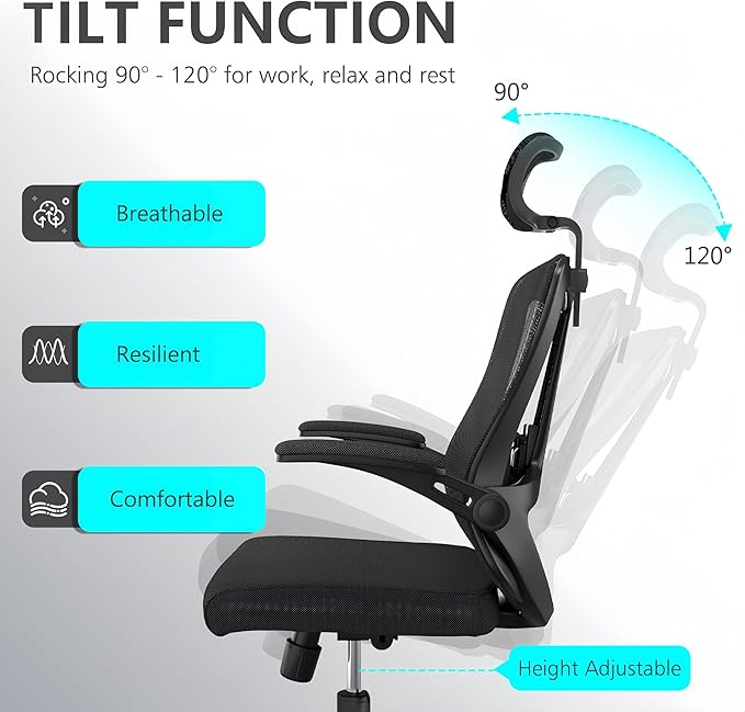 Ergonomic Office Chair - 350LB Comfy Desk Chairs with Adjustable Headrest and Lumbar Back Support, Mesh Computer Chairs with Wheels and Arms for Home Office, Study (Black-with Headrest)