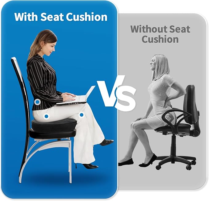 Memory Foam Seat Cushion for Office Chair & Car - Tailbone, Sciatica & Coccyx Pain Relief Butt Pillow - Ergonomic Desk Chair Pad for Long Sitting, Gaming & Travel, Black