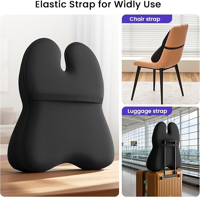 ZZ-WELL Lumbar Support Pillow for Office Chair - Memory Foam Office Chair Back Support - Ergonomic Lumbar & Back Support Pillow with Strap, Machine Washable Cover (Black)