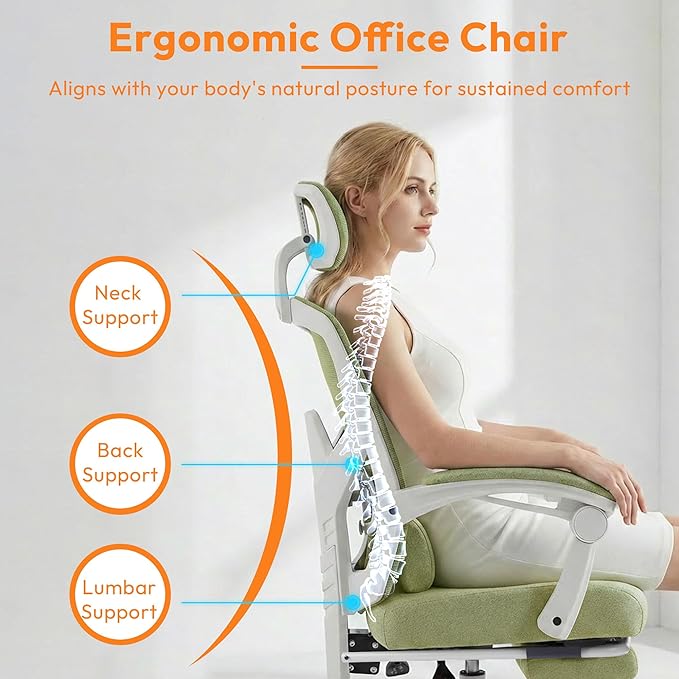 Home Office Desk Chair, Comfortable Mesh Computer Chair with Foot Rest, Reclining Gaming Chair with Headrest and Lumbar Support, 90°-130° Reclining, Green