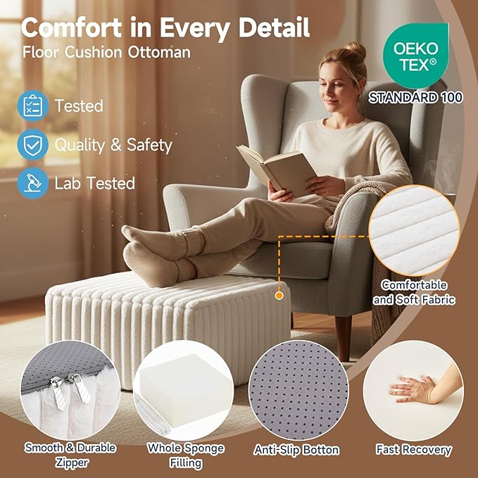 Tiita Suqre Stuffed Pouf Ottoman, Stripe Poufs 21×21×10 inch with Foam Chunk Filling, Floor Bean Bag Floor Chair Storage for Living Room Bedroom Home Decor, Beige