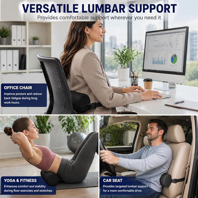 Lumbar Roll Pillows, Lumbar Support Pillow for Office Chair & Car, 15 Inch Pain Relief & Posture Correction Back Support for Office Chair, Car, Bed, Adjustable Strap & Washable Cover