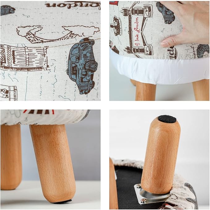 H&B Luxuries Fabric Round Padded Ottoman Foot Rest Stool (4 Legs-Vintage Beige)