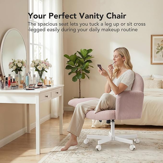 HUANUO Criss Cross Office Chair for Women, Cross Legged Desk Chair with Adjustable Armrests, Soft Corduroy Fabric for Small Spaces, Petite Home Office Computer Chair for Girls, Pink