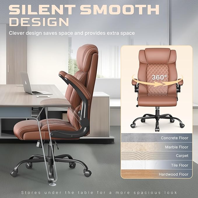 Office Chair-Executive High Back Breathable Comfy Desk Chair with Flip-up Armrests Lumbar Support-Ergonomic Leather Rolling Swivel Chair with Rock Function for Working,2 Pack