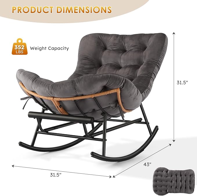 Jojoka Oversized Papasan Rocking Chair with Integrated Detachable Foot Rest, Thick Removable Cushion, PE Rattan Metal Frame Lounge Chair for Indoor Outdoor Patio, Garden, Porch, Living Room
