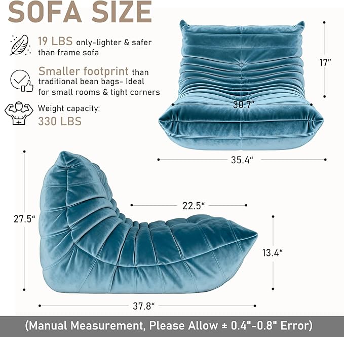 Bean Bag Chairs for Adults - Comfy High-Density Foam Fireside Chair, Adult Size, Soft Dutch Velvet Cover Beanbag Couch, Versatile for Living Room, Bedroom, Dorm, Reading & Gaming (Blue)