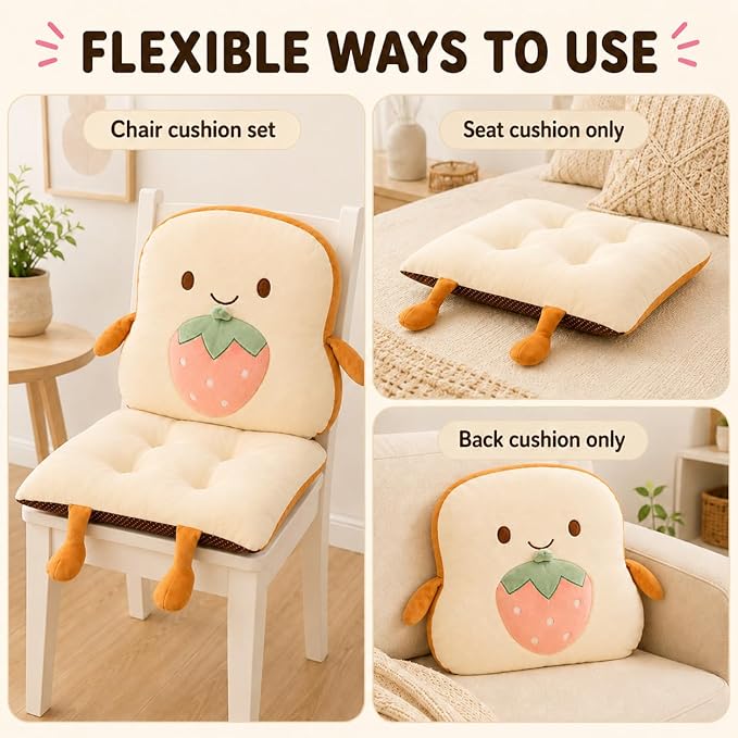 ChezMax Chair Cushion Plush Detachable Seat Back Cushion with Ties Thickened Chair Pads Toast Cartoon Waist Pillow for Outdoor Car Office Patio Bedroom Living Room Strawberry