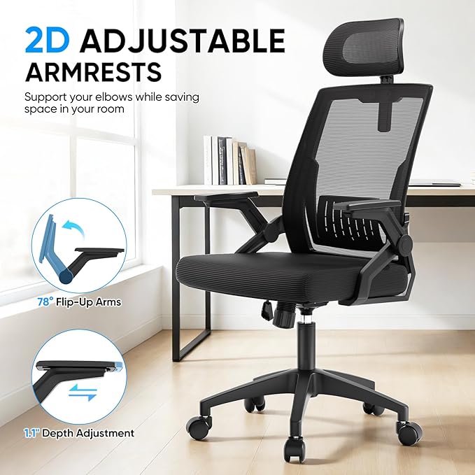 MoNiBloom High Back Mesh Office Chair with Adjustable Headrest, Flip-Up & Sliding Armrests, 18–22" Adjustable Seat Height, Ergonomic Desk Chair with Rocking Function, for Home Office, Black