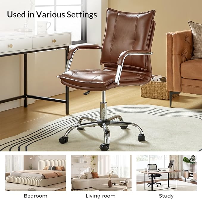 HULALA HOME Faux Leather Home Office Desk Chair, Adjustable Swivel Computer Chair with Sliver Legs and Arms, Comfy Upholstered Task Chair(Brown)