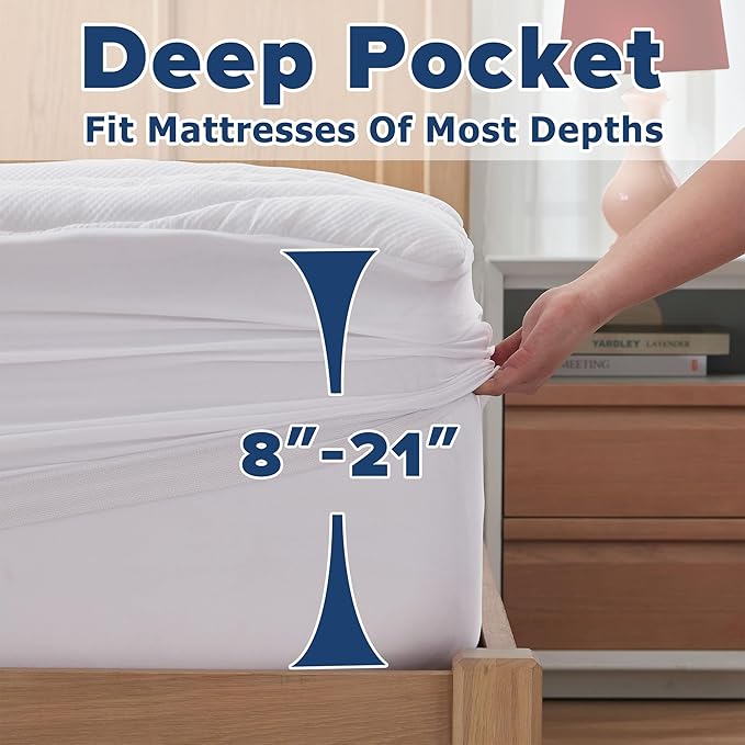 ELVEN HOME Queen Mattress Pad for Back & Hip Pain Relief, Pillow Top Cooling Bed Topper Quilted Fitted, Hotel Quality Deep Pocket Soft Queen Mattress Protector Cover Washable (60x80 inch, White)