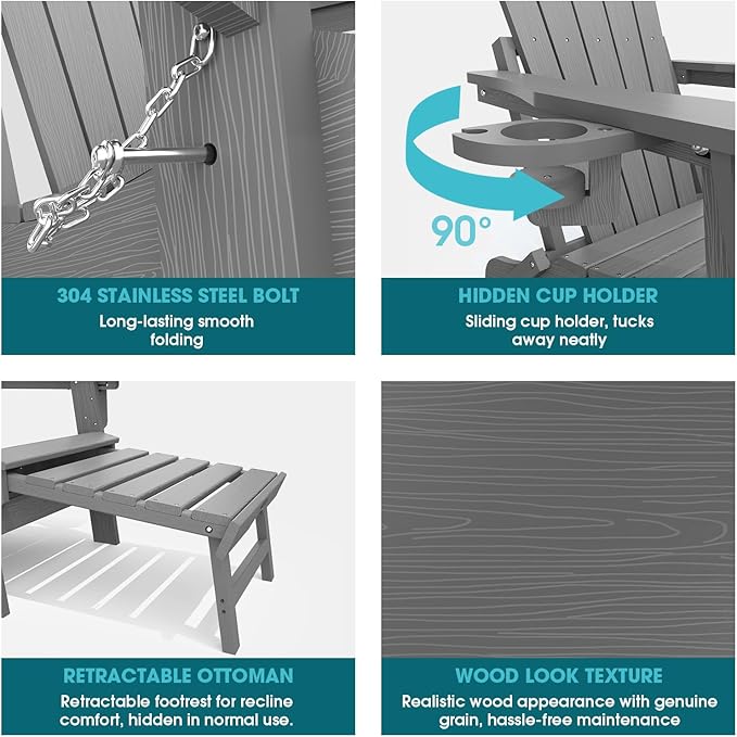 THOEOE Adjustable Adirondack Chair with Retractable Ottoman, HDEP Folding Adirondack Chairs with Footrest 2-in-1 Cup Holder, All Weather Outoor Fire Pit Chair with Foot Rest Set 2 Grey