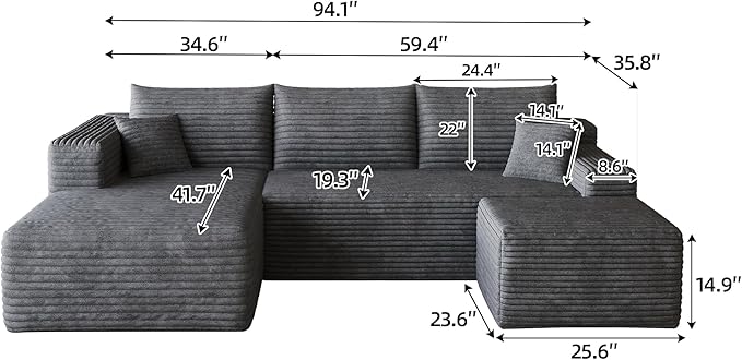 94" Darkgrey Fluffy Couch with Ottoman for Living Room, Corduroy No Bones Sectional Couch,Compressed Memory Foam Cloud Sofa,No Assembly Required,Left Facing Chaise,Darkgrey