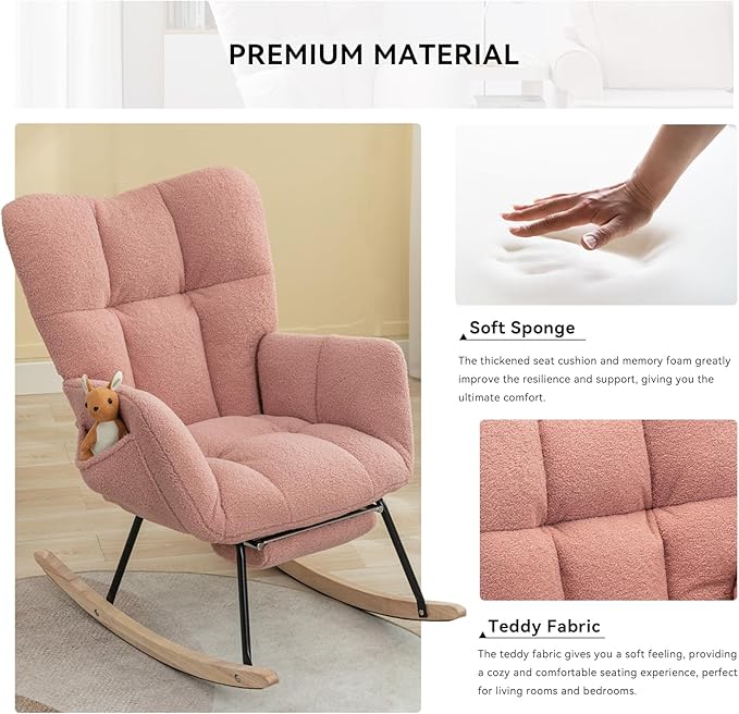 FOXHUNTER Rocking Chair Nursery with Foot Rest, Teddy Glider Rocking Chair for Nursery Upholstered Rocker Recliner Chair, Comfy Armchair with Adjustable Footrest for Living Room Bedroom, Pink Teddy
