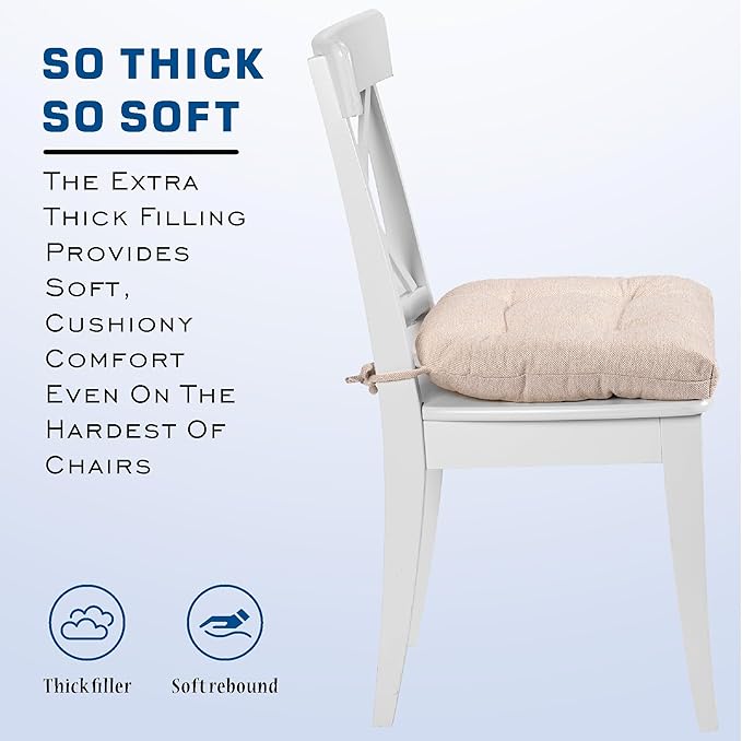 SQUARE MOON D-Shaped 3" Thick Chair Cushions, Chair Pads for Dining Chairs and Kitchen Chairs, Indoor Dining Room Seat Cushions with Ties, Machine Washable, 17" x 16" x 3", 4/Pack, Beige