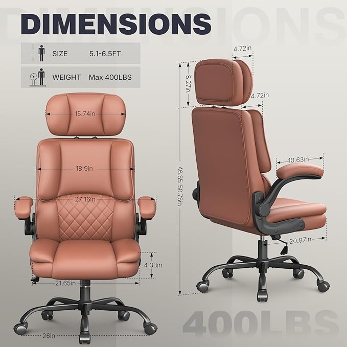 Executive Office Ergonomic Chair, Computer Chair with Adjustable Headrest,PU Leather Desk Chair,High-Back Swivel Task Chair for Home Office with Flip-Up Padded Armrests, 135°Reclining,Brown