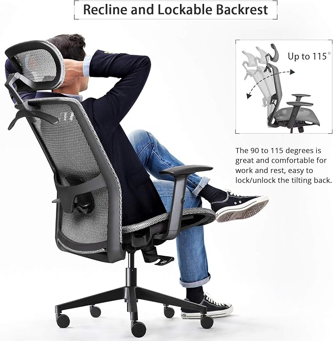 Furmax Ergonomic Office Chair Executive Chair with Mesh Seat High Back Computer Desk Chair with Adjustable Headrest Lumbar Support Armrest Rolling Task Chair with Clothes Hanger (Gray)