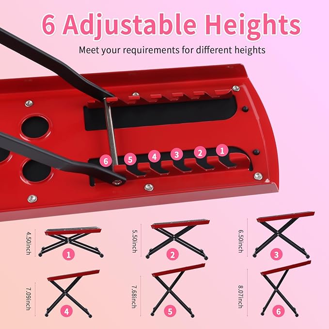 Red Pedicure Foot Rest, 6 Heights Adjustable Non-Slip Metal (Aluminum alloy) + Rubber Foot Stand for Easy at Home Pedicures, Foldable, Modern, Comfortable