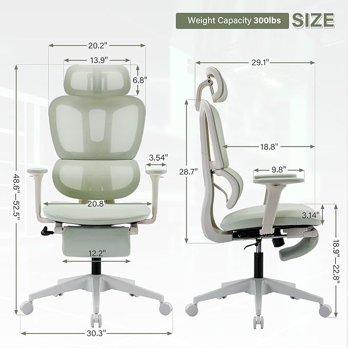 Ergonomic Office Chair with Footrest, High Back Computer Office Chair with Dynamic Lumbar Support, 2D Headrest, 2D Armrest, Sponge Seat, Mesh Home Office Desk Chair for Adults, Green
