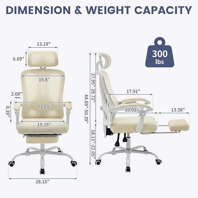 Ergonomic Office Chair,Swivel Task Chair with Adjustable Lumbar Support,Home Office Chair with Footrest,Mesh High Back Gaming Chair Off White