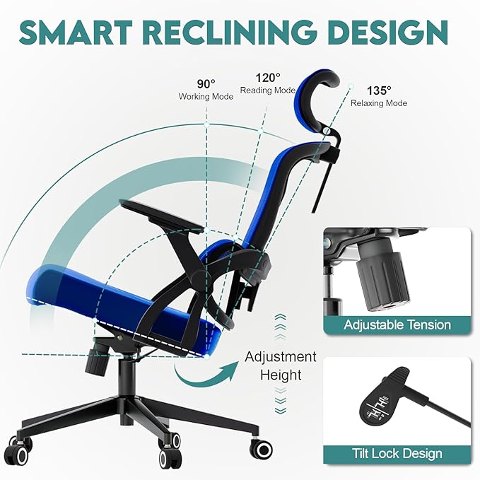 350 LBS Ergonomic Office Computer Mesh Chair - Adjustable Height Rolling Desk Chair with Flip-Up Armrests & High Back Support - Comfortable Swivel Task Chair for Home Office (01BLUE)