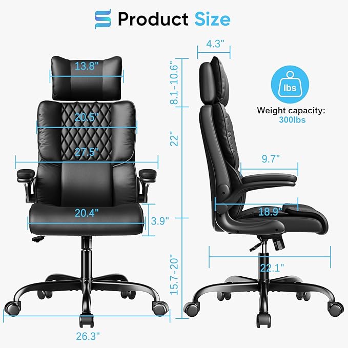 Sytas Ergonomic Office Chair with Adjustable Headrest, Executive Leather Desk Chair with Upgraded Lumbar Support for Lower Back Pain Relief, Thickened Backrest Computer Chair for Home Office, Black