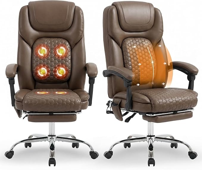 MALOL Massage Office Chair Set of 2 with 3-Level Heat and Footrest – 20-Min Easy Assembly, 300 lbs Big and Tall Desk Chair, PU Leather Ergonomic Executive Computer Chair with Side Pocket, Brown
