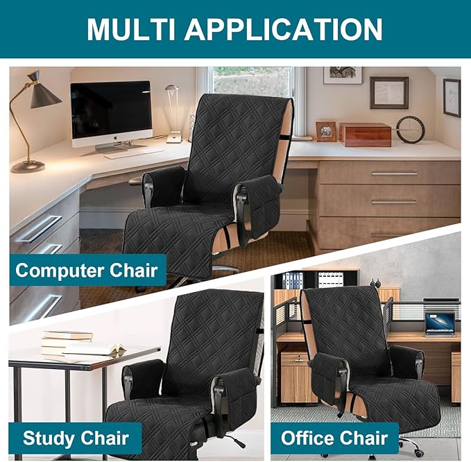 Turquoize Waterproof Office Chair Cover with Armrest Covers Black Computer Desk Chair Cover Quilted Office Chair Protector with Arms Office Chair Seat Cover Slipcover with Anti-Slip Buckle, Black