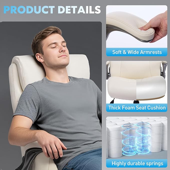 MALOL Ergonomic High-Back Executive Office Chairs, Heavy Duty Home Computer Chair with Lumbar Support, Flip-Up Arms, and PU Leather Upholstery, Beige