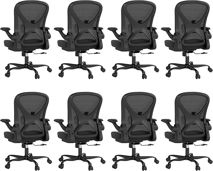 Ergonomic Office Chair Set of 8, Mesh Fabric Home Office Chairs with Adjustable Lumbar Support, 360° Swivel, and Flip-Up Armrests, Black