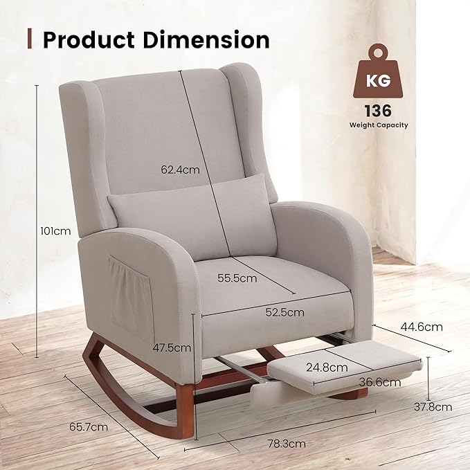 Nursery Rocking Chair，Rocking Chair with Foot Rest,Nursery Rocker Comfy Glider Nursing Chair with Back Pillow for Living Room,Bedroom,Linen Light Grey