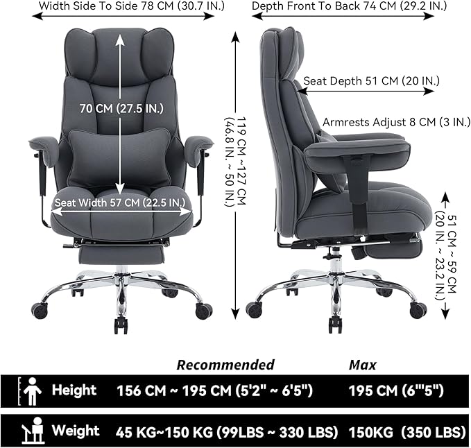 Efomao Big and Tall Office Chair with Footrest, 350lbs Heavy Duty Desk Chair, Extra Wide High Back Executive Office Chair for Long Hours, Reclining Home Office Chair with Breathable Fabric, Blue Grey